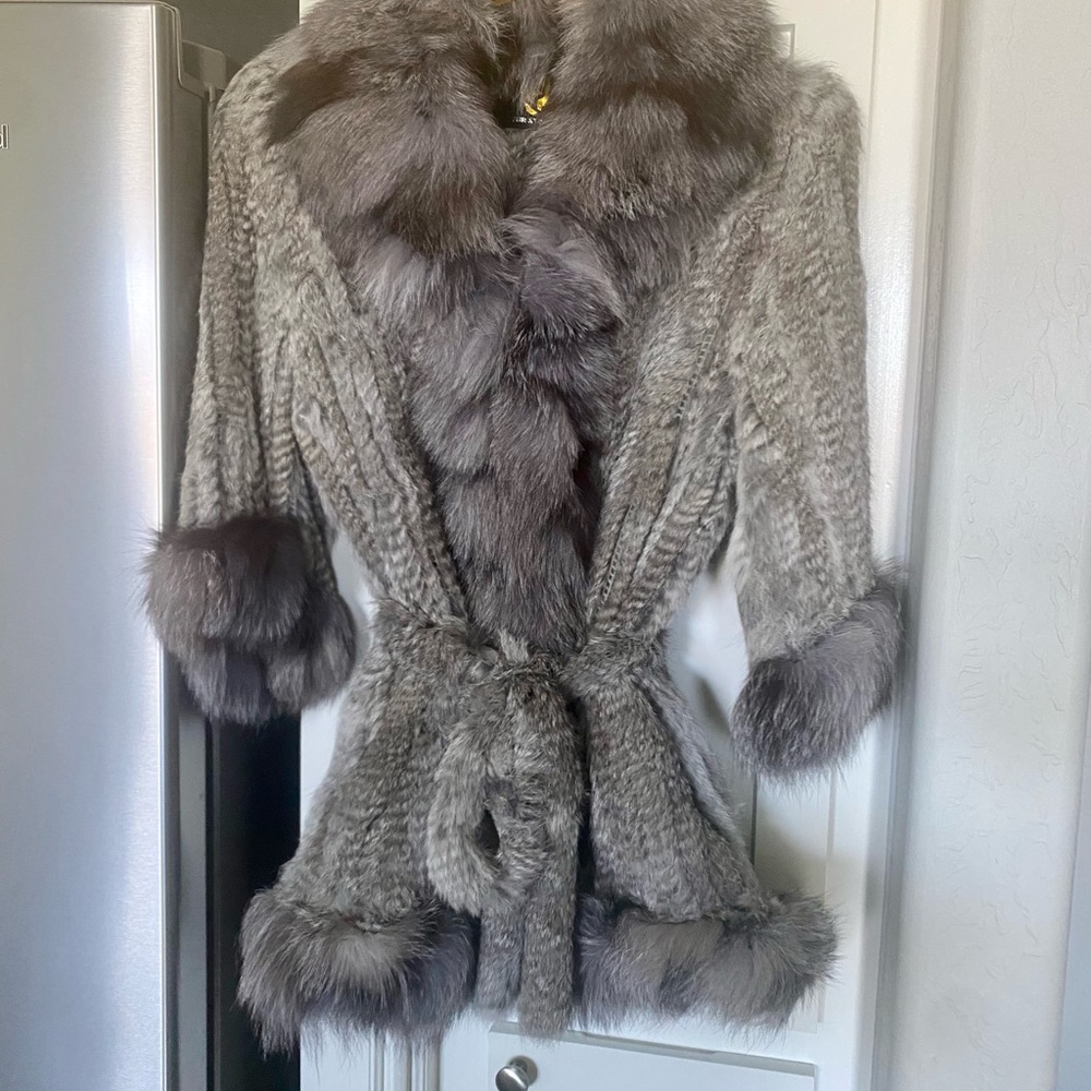 Knit Rabbit Fur with Fox Fur Collar Kimono Wrap Style Sweater